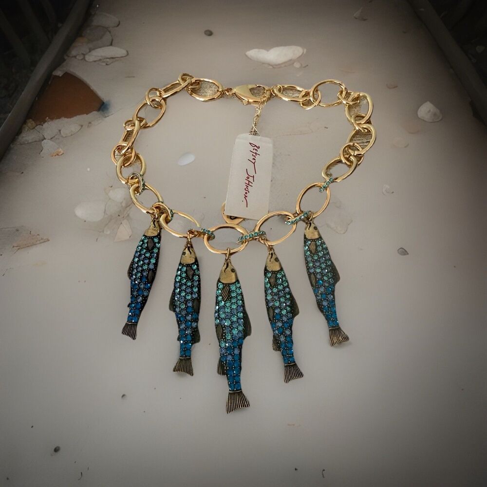 Betsey Johnson Mermaid Jewels Sardine Fish Charm Necklace Blue Rhinestones NWT